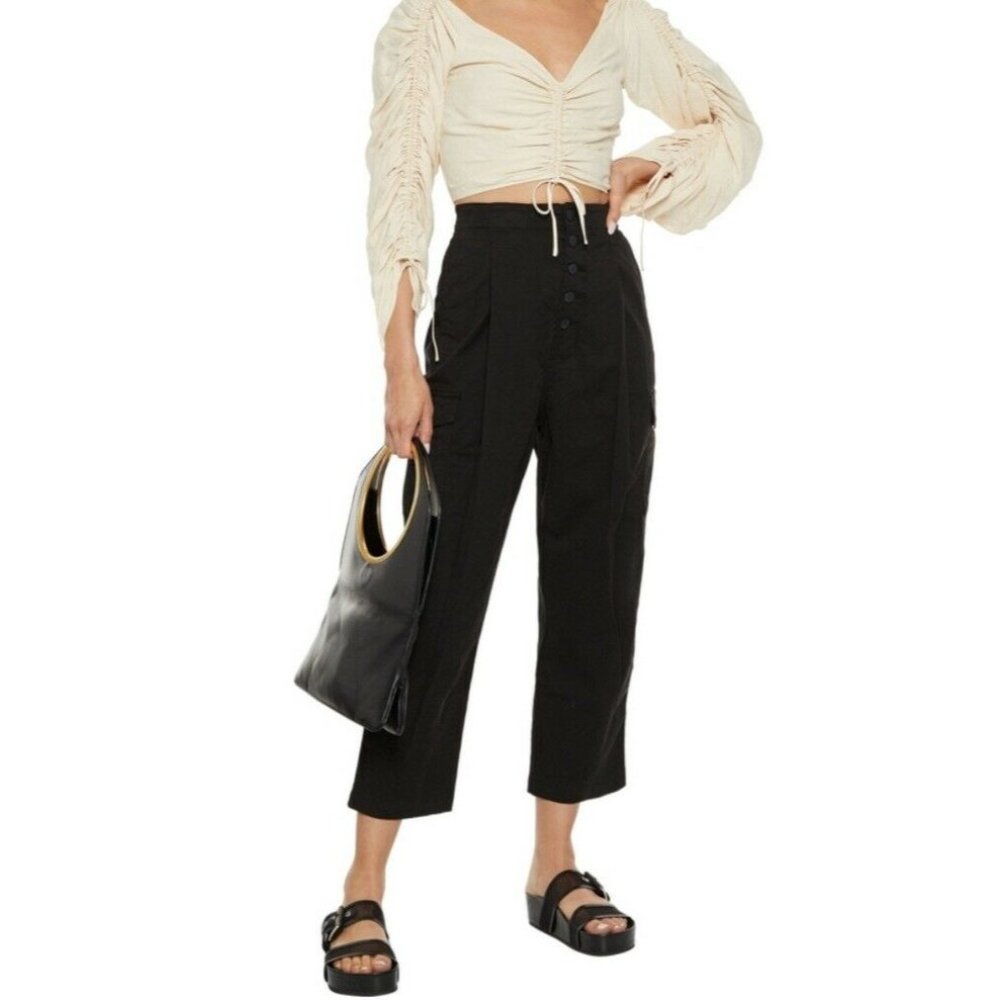 J Brand Alden  Women's 24  Black High Rise Pleated Button Fly Cargo Capri Crop